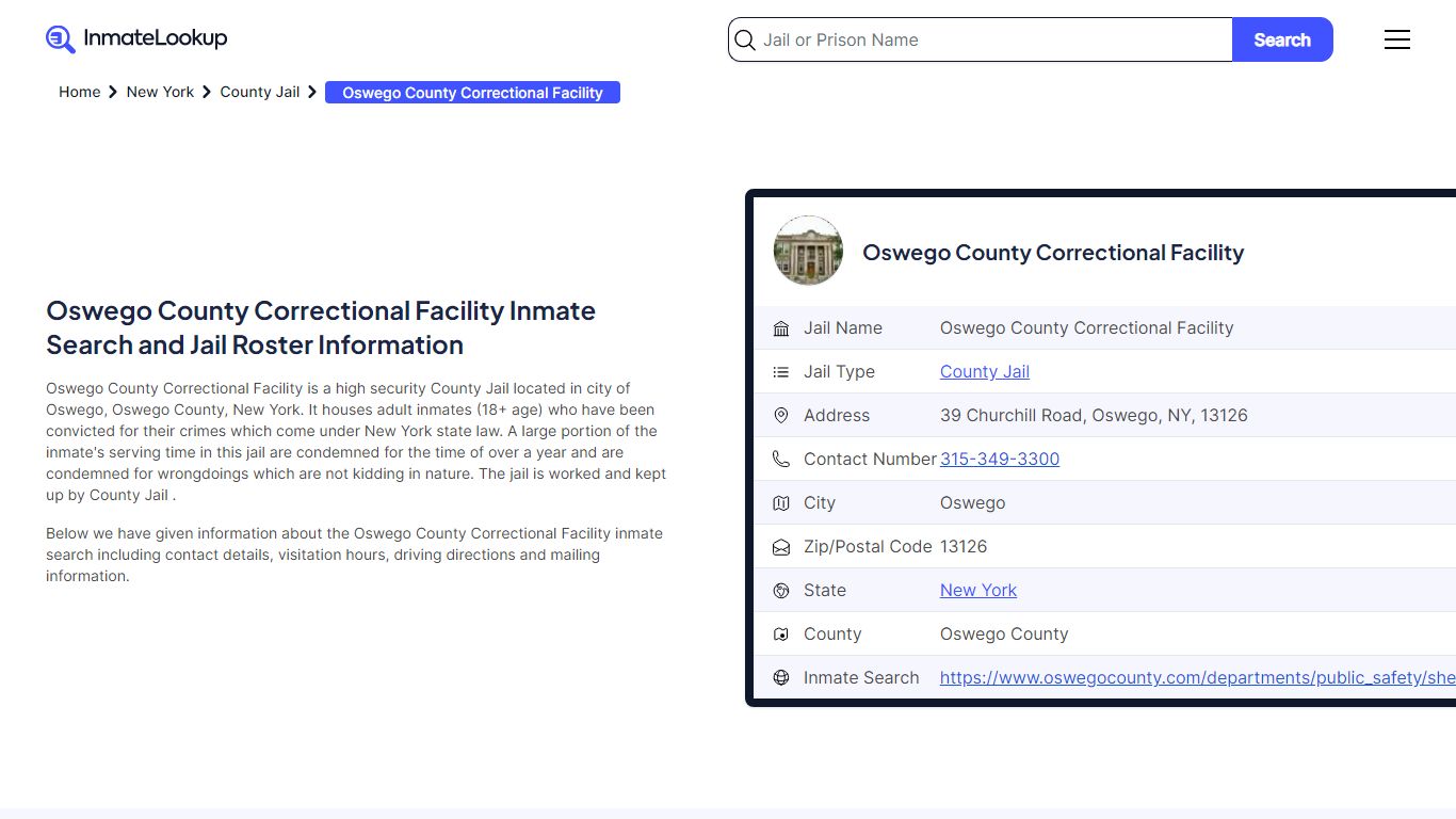 Oswego County Correctional Facility Inmate Search, Jail ... - Inmate Lookup